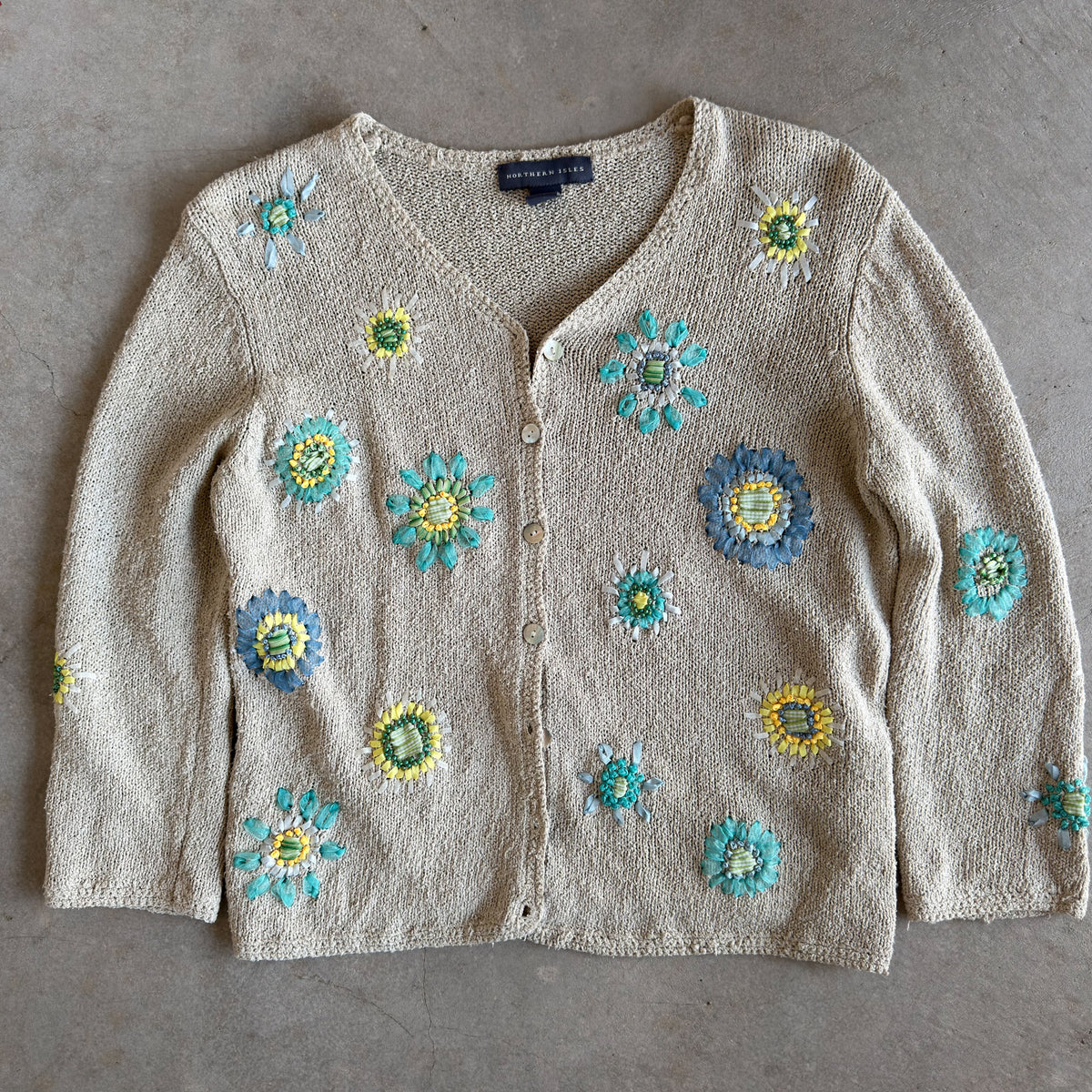Northern Isles Beige Knit Cardigan 3D Ribbon Floral Beaded Sweater