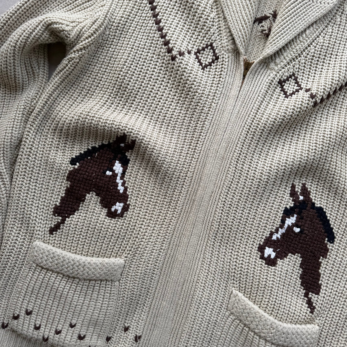 Vintage Western Horse Cowichan Knit Zip Cardigan Shawl Collar Sweater