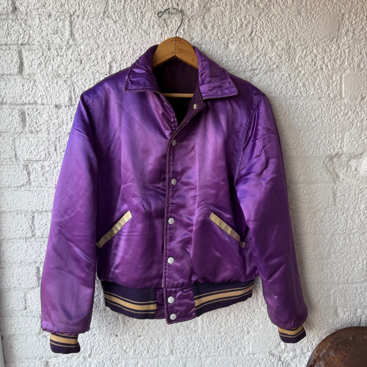 Vintage Reversible Varsity Bomber Jacket Purple Satin Wool Style Snap Front