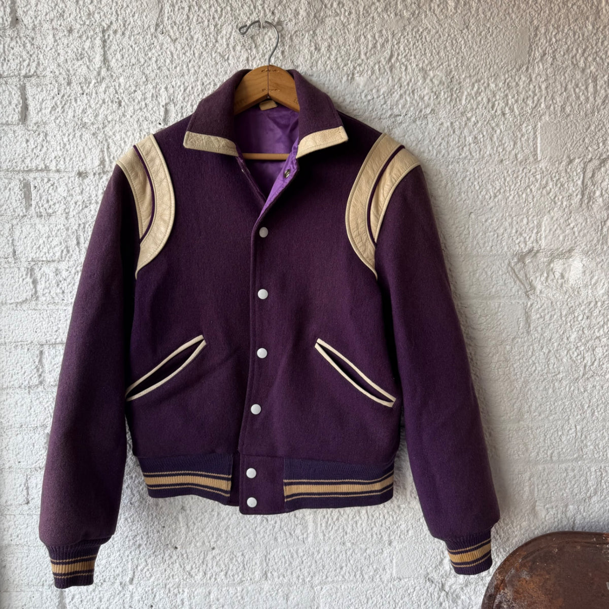 Vintage Reversible Varsity Bomber Jacket Purple Satin Wool Style Snap Front