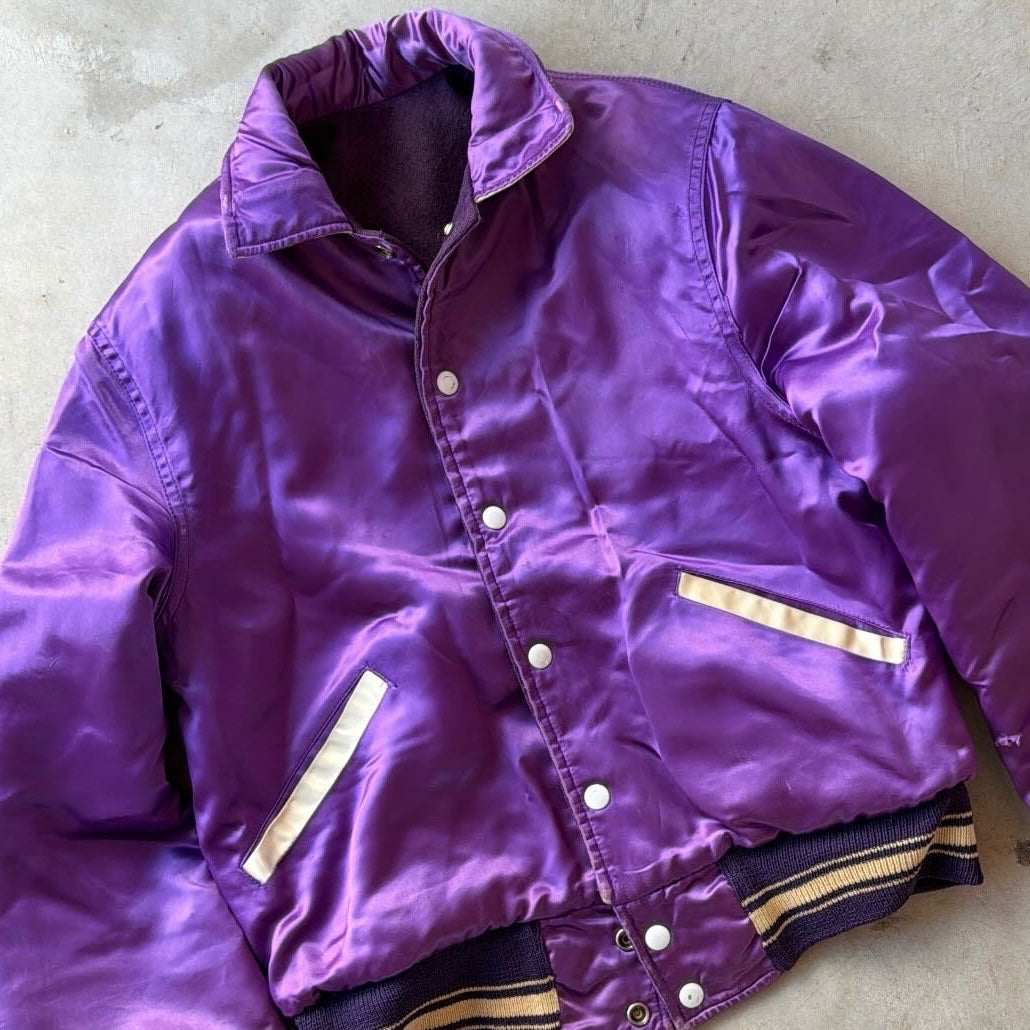 Vintage Reversible Varsity Bomber Jacket Purple Satin Wool Style Snap Front