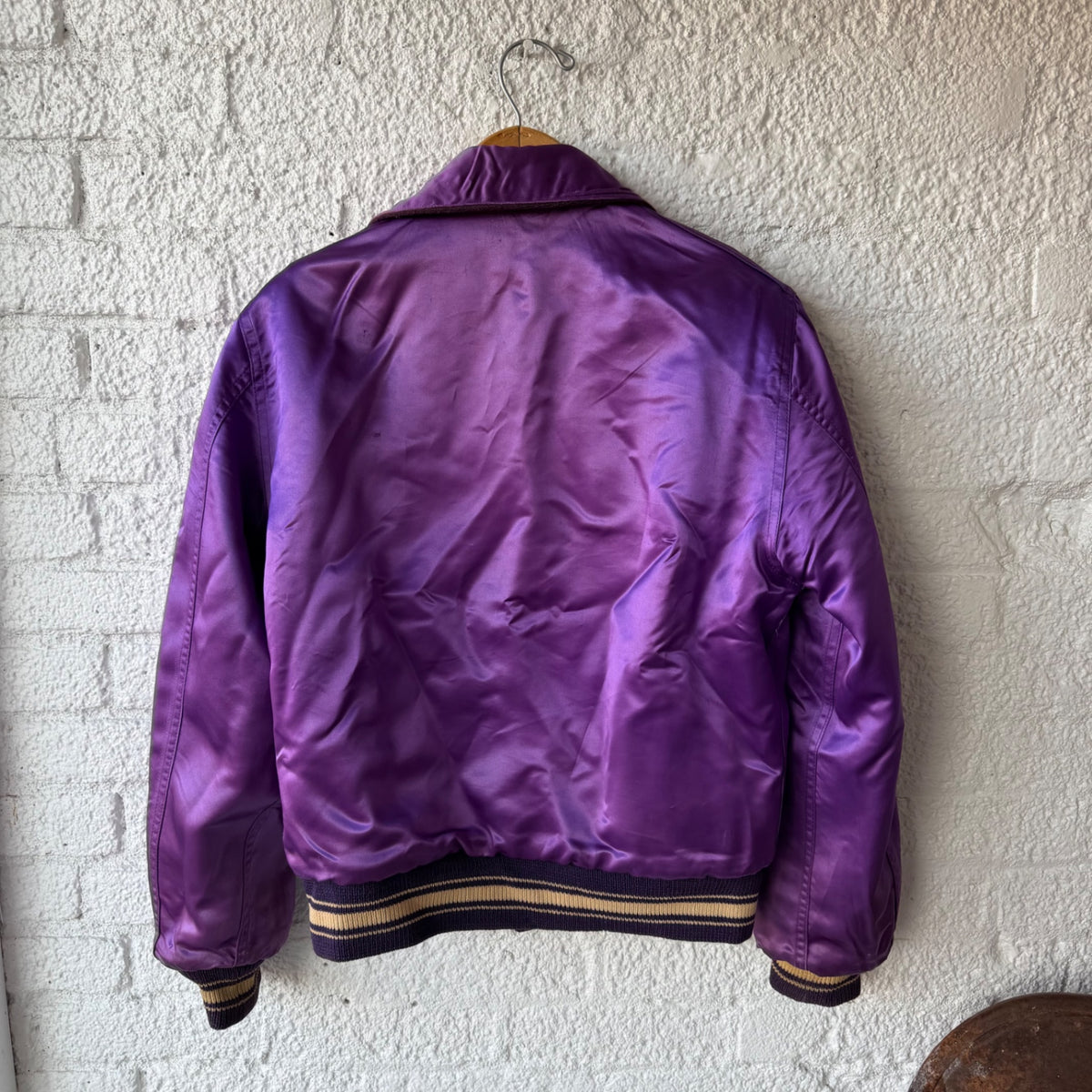 Vintage Reversible Varsity Bomber Jacket Purple Satin Wool Style Snap Front