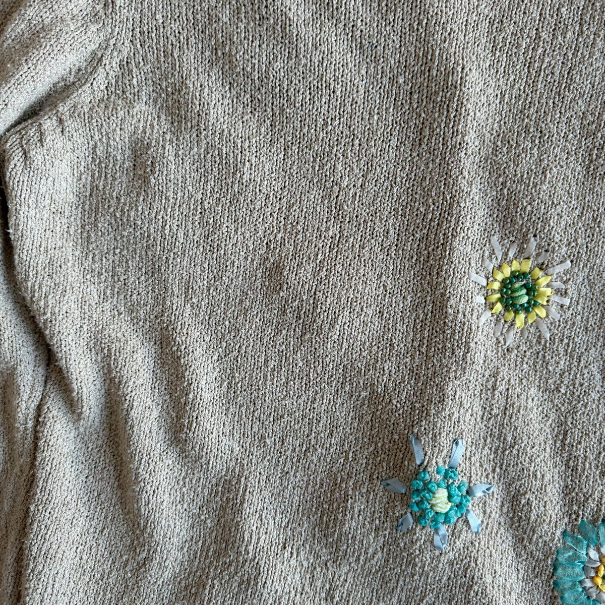 Northern Isles Beige Knit Cardigan 3D Ribbon Floral Beaded Sweater