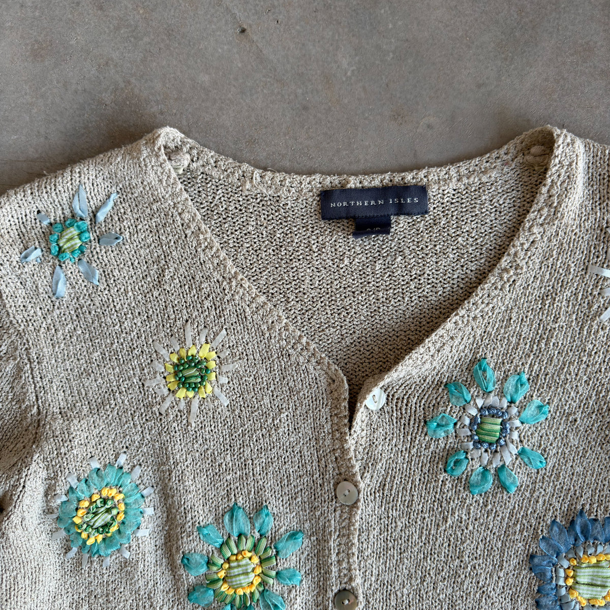 Northern Isles Beige Knit Cardigan 3D Ribbon Floral Beaded Sweater