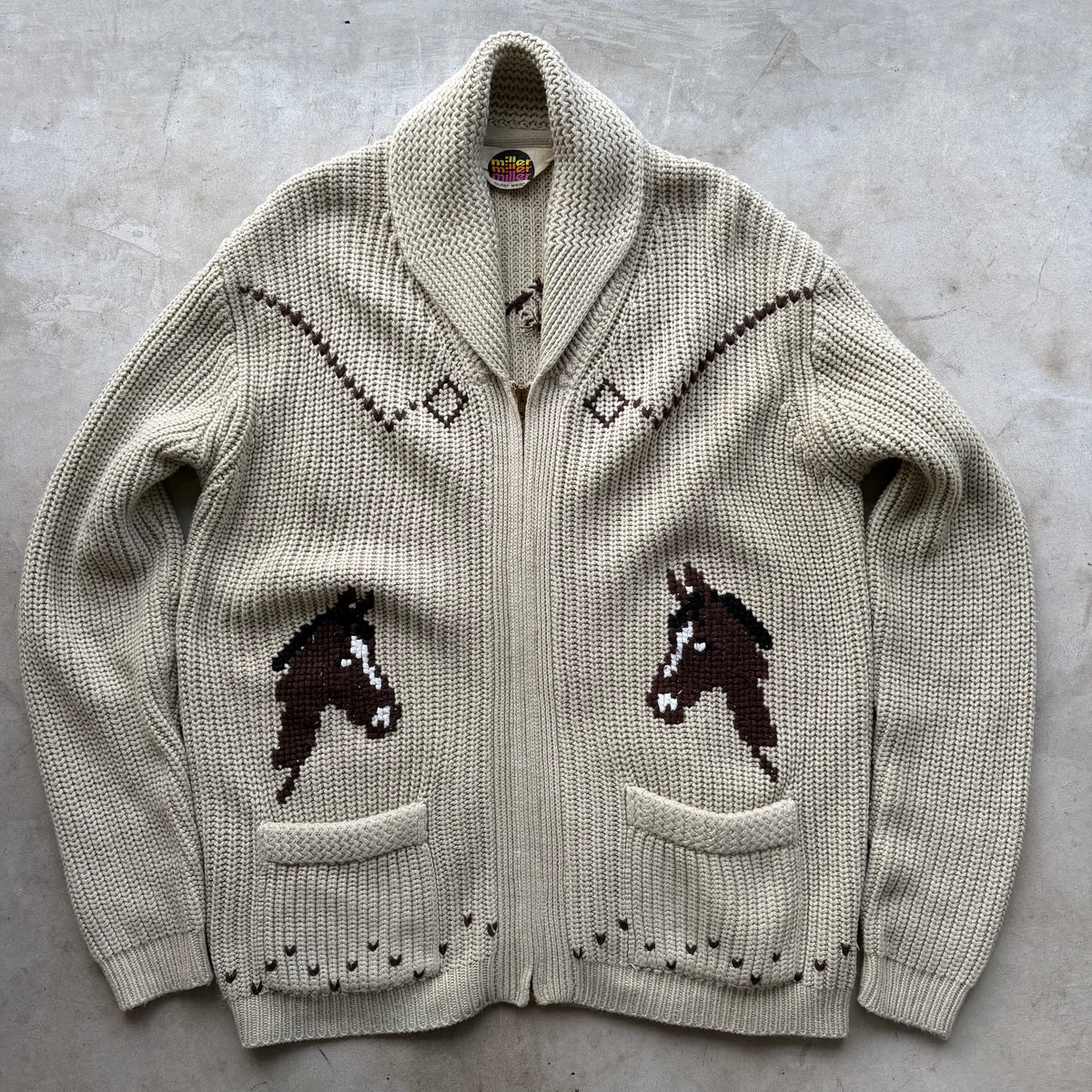 Vintage Western Horse Cowichan Knit Zip Cardigan Shawl Collar Sweater