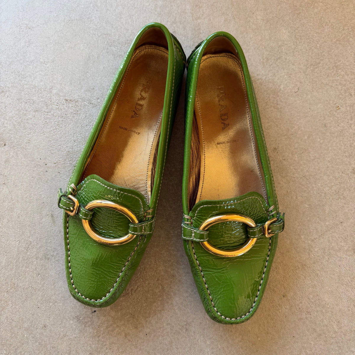 Prada Green Patent Leather with Gold Ring Hardware size 38.5