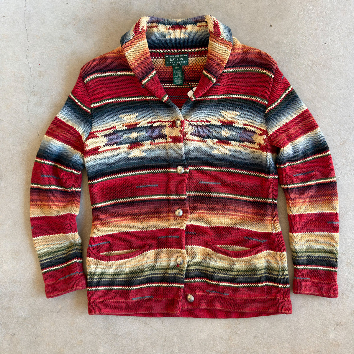 Lauren Ralph Lauren Hand Knit Southwestern Concho Sweater Red Petite P/P