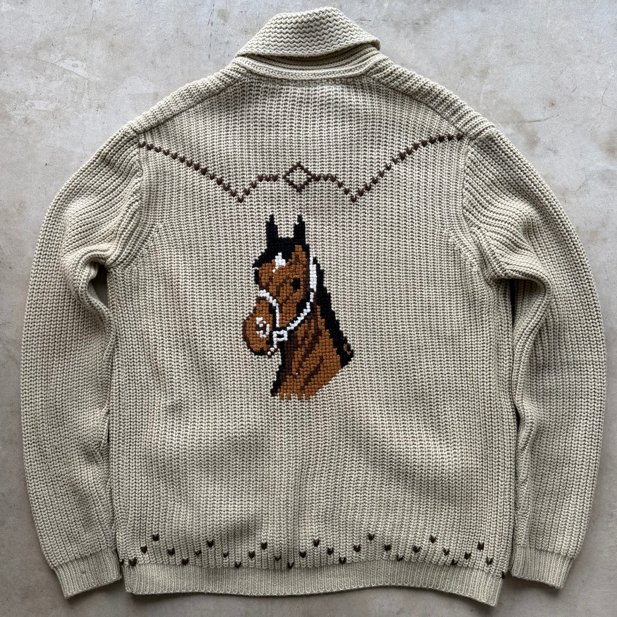 Vintage Western Horse Cowichan Knit Zip Cardigan Shawl Collar Sweater