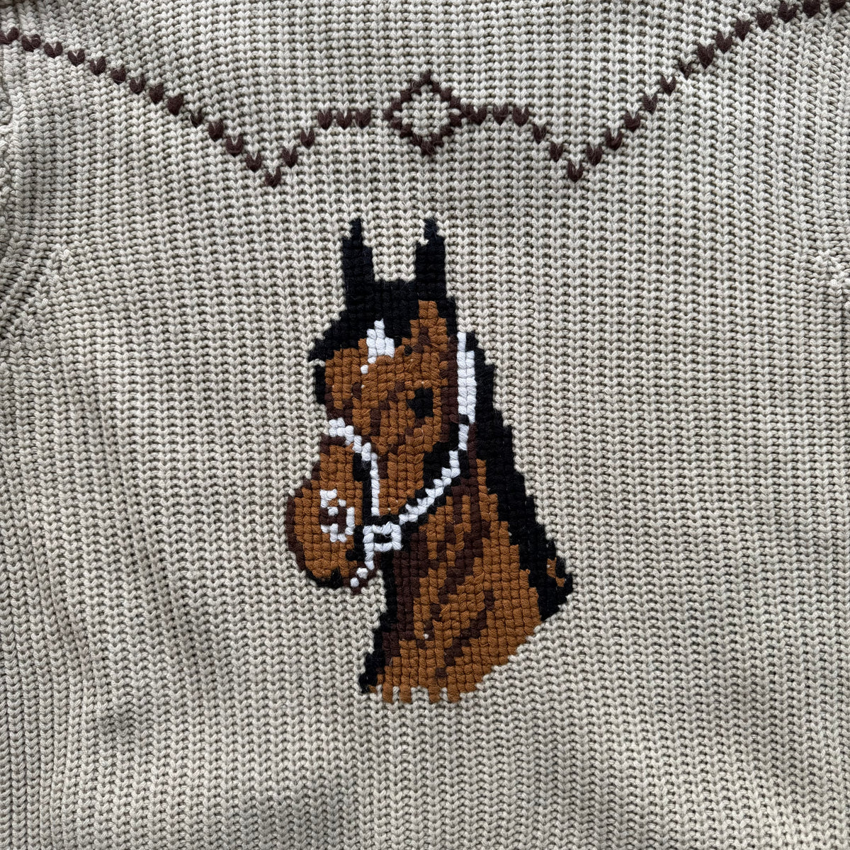 Vintage Western Horse Cowichan Knit Zip Cardigan Shawl Collar Sweater