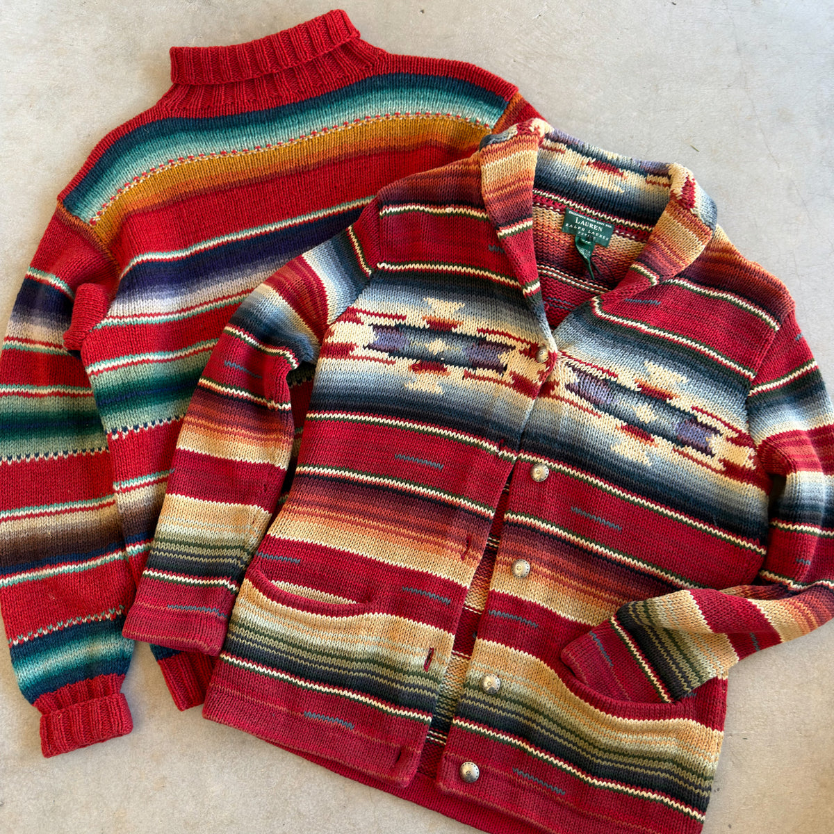 Lauren Ralph Lauren Hand Knit Southwestern Concho Sweater Red Petite P/P