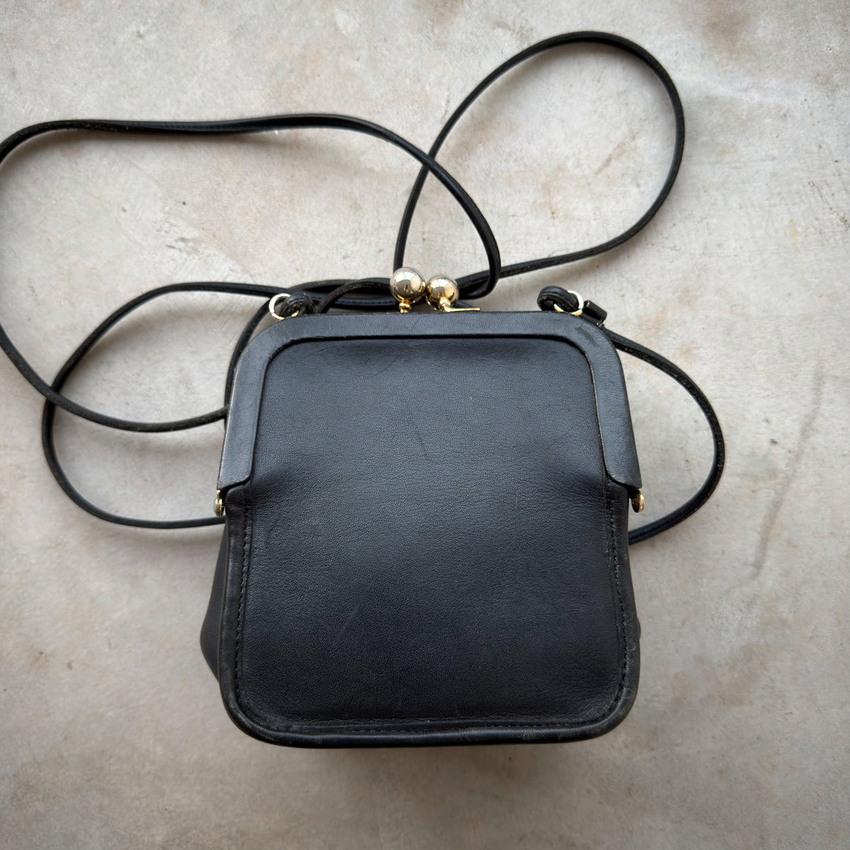 Vintage Bonnie Cashin Style Black Leather Double Kisslock Crossbody Bag