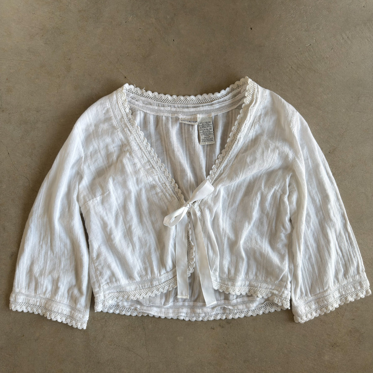White Cropped Tie Front Cardigan Lace Trim Boho Cotton Top L