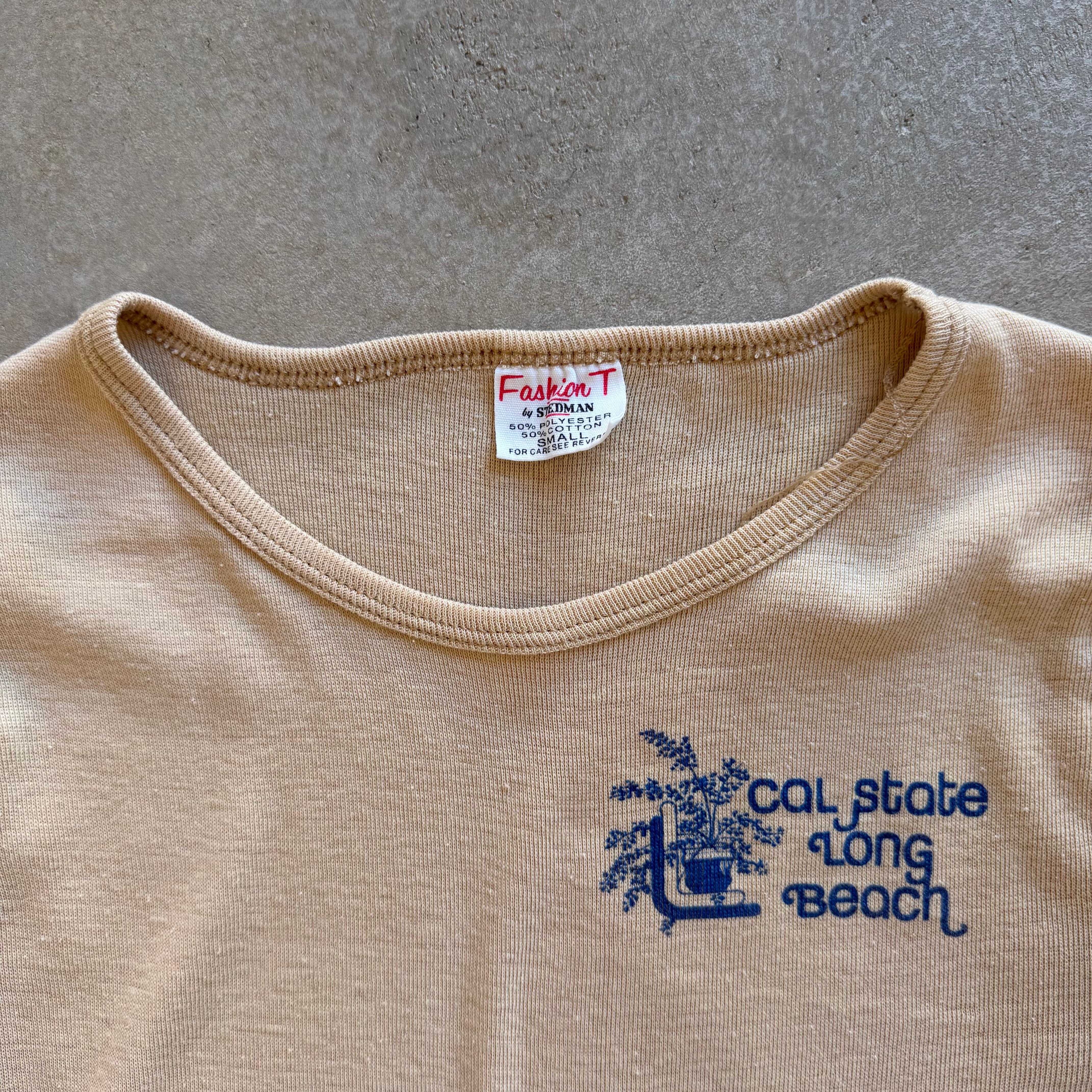 Vintage 1970s Cal State Long Beach Shirt Tan Ribbed Tee