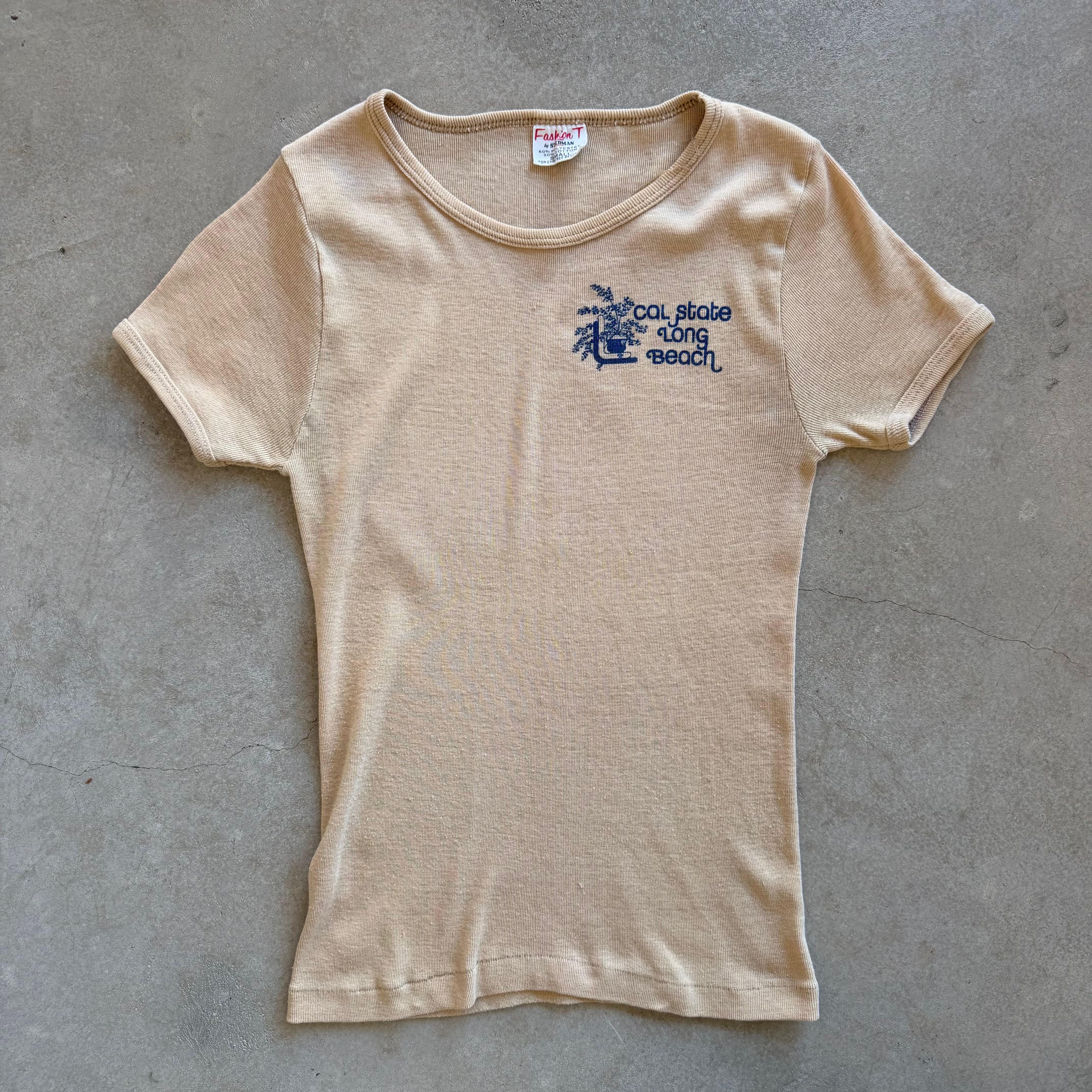 Vintage 1970s Cal State Long Beach Shirt Tan Ribbed Tee